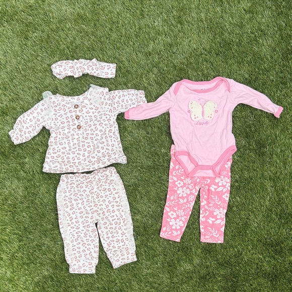 Other - Pink & White leopard print baby Outfit & Pink butterfly top w/ pink floral pants